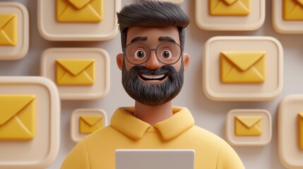 A smiling man with glasses and a beard holds a tablet, surrounded by floating yellow envelope icons symbolizing email communication, AI HR office activities