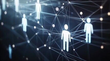 Poster - Abstract digital network of glowing human icons connected by lines, symbolizing communication and social networking in a futuristic, technological environment, AI HR office activities