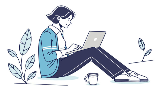 Woman working on laptop illustration for remote work and freelance lifestyle vector graphic design concept