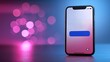 © NingPhattraphorn - A smartphone with a blank blue login screen stands on a reflective surface against a vibrant pink and blue bokeh background, AI HR office activities