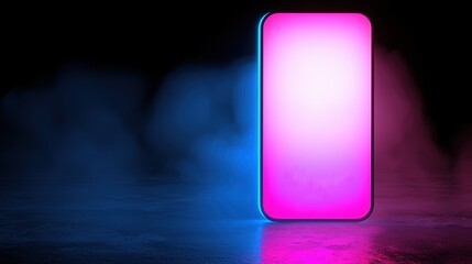 Poster - A glowing smartphone with a pink and blue gradient screen stands upright on a reflective surface, surrounded by mist in a dark environment, AI HR office activities