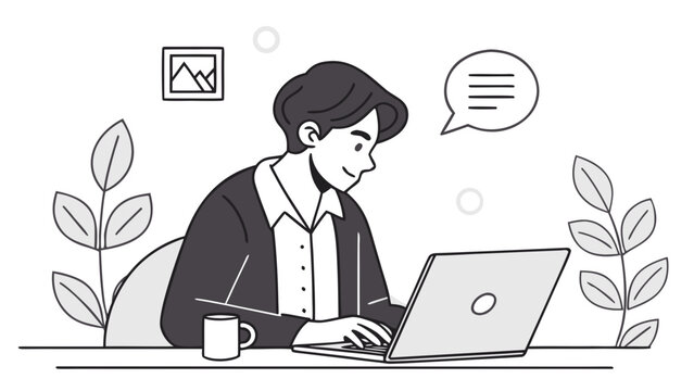 Man working on laptop illustration vector graphic for remote work and freelance lifestyle concept design