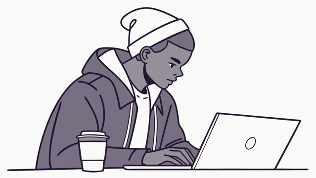 Illustration of a young man working on laptop with coffee cup vector design graphic art concept