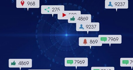Poster - Glowing node starting notification badges clustering, scattering, fading on grid showing counts