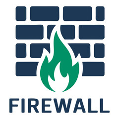 Fototapete - Illustration of a blue brick wall with green flame in front representing a firewall concept