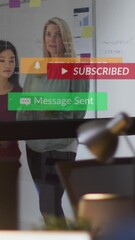 Poster - Animation of notification bars over diverse coworkers discussing strategy on sticky notes