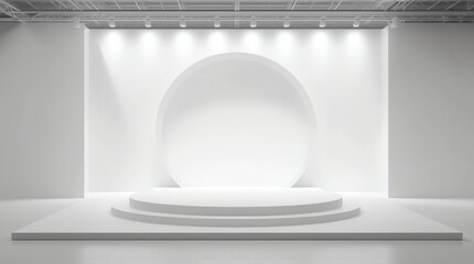 Fototapete - Pedestal of Platform display with modern stand podium on white room background. Blank Exhibition stage backdrop or empty product shelf. 3D rendering