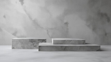 Fototapete - Three step of white marble product display on gray background with modern backdrops studio. Empty pedestal or podium platform. 3D Rendering.