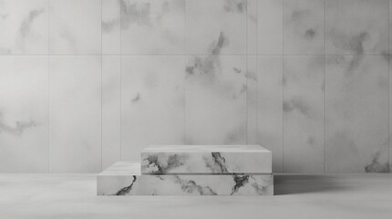 Fototapete - Three step of white marble product display on gray background with modern backdrops studio. Empty pedestal or podium platform. 3D Rendering.