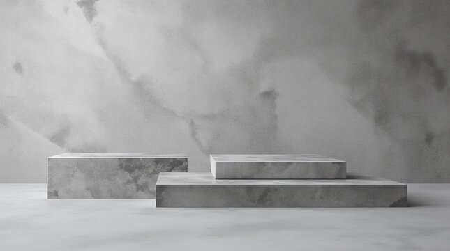Three step of white marble product display on gray background with modern backdrops studio. Empty pedestal or podium platform. 3D Rendering.