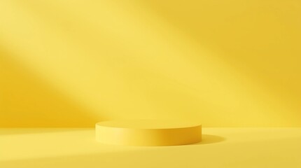Fototapete - Vivid yellow background and floor with single yellow round podium in center, soft ambient light from top left, 
