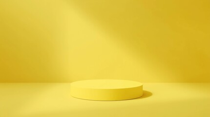 Fototapete - Vivid yellow background and floor with single yellow round podium in center, soft ambient light from top left, 