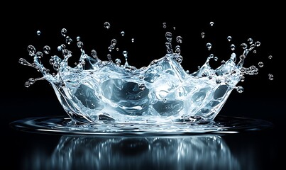 Poster - Crystal Clear Water Splash Effect Captured in High Definition on a Dark Background with Dynamic Movement and Sparkle