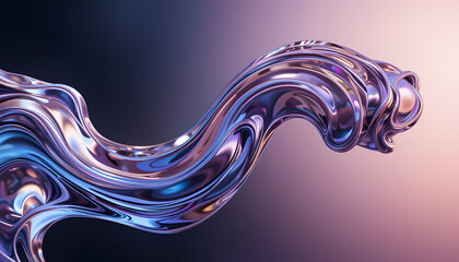 Poster - A lustrous fluid art shape forms an abstract metallic ribbon with reflections of blue, pink, and purple for creative designs.