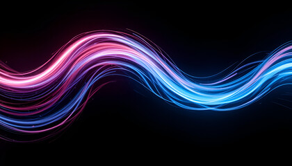 Poster - Abstract glowing light trails create a dynamic waveform effect against a dark backdrop, blending neon pink and blue colors for modern design.