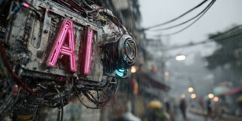 Leinwandbilder - Illuminated AI sign in cyberpunk street scene