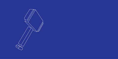 Poster - The outline of a large sledgehammer symbol made of white lines on the left. 3D view of the object in perspective. Vector illustration on indigo background