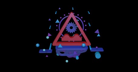 Poster - Red rough road sign on a pedestal of abstract geometric shapes floating in the air. Abstract concept art with flying shapes in the center. 3d illustration on black background