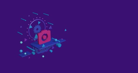 Poster - Pink photo camera symbol on a pedestal of abstract geometric shapes floating in the air. Abstract concept art with flying shapes on the left. 3d illustration on deep purple background