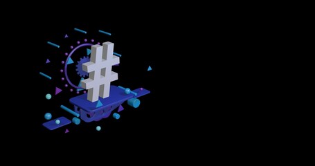 Poster - White hash symbol on a pedestal of abstract geometric shapes floating in the air. Abstract concept art with flying shapes on the left. 3d illustration on black background
