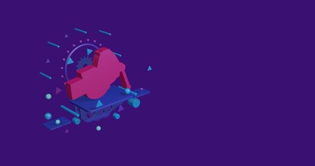 Aufkleber - Pink vise symbol on a pedestal of abstract geometric shapes floating in the air. Abstract concept art with flying shapes on the left. 3d illustration on deep purple background
