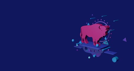 Poster - Pink buffalo symbol on a pedestal of abstract geometric shapes floating in the air. Abstract concept art with flying shapes on the right. 3d illustration on indigo background