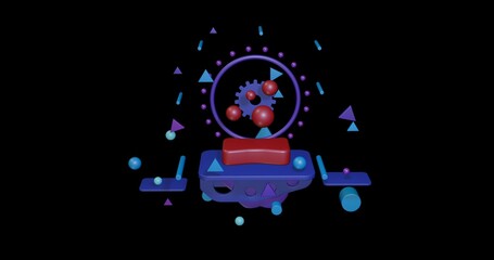 Poster - Red soap symbol on a pedestal of abstract geometric shapes floating in the air. Abstract concept art with flying shapes in the center. 3d illustration on black background