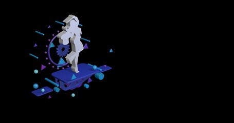 Poster - White enchantress symbol on a pedestal of abstract geometric shapes floating in the air. Abstract concept art with flying shapes on the left. 3d illustration on black background