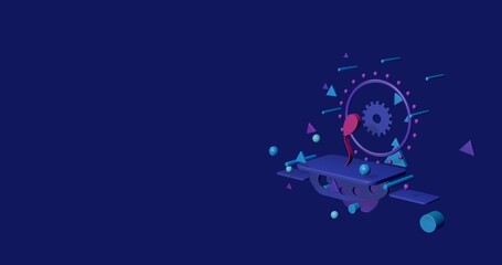 Poster - Pink balloon symbol on a pedestal of abstract geometric shapes floating in the air. Abstract concept art with flying shapes on the right. 3d illustration on indigo background
