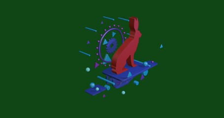 Poster - Red hare symbol on a pedestal of abstract geometric shapes floating in the air. Abstract concept art with flying shapes in the center. 3d illustration on green background