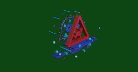 Poster - Red pets road sign on a pedestal of abstract geometric shapes floating in the air. Abstract concept art with flying shapes in the center. 3d illustration on green background