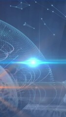 Poster - Animation of light spots and plexus networks over globe against caucasian woman