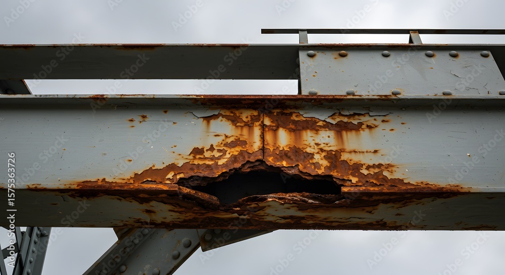 Corroded metal bridge beam structure with damage and rust showing ...
