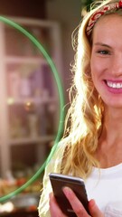 Poster - Animation of green round banner against portrait of caucasian woman using smartphone at a cafe