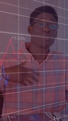 Poster - Animation of statistical data processing over african american man talking looking at the camera