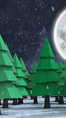 Poster - Animation of snow falling over winter night landscape with fir trees