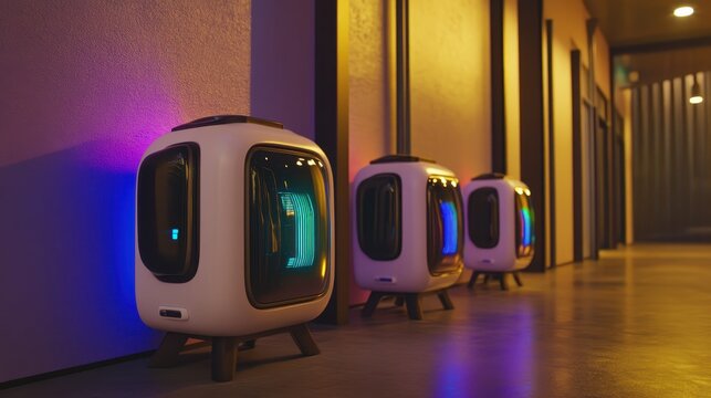 Futuristic retro-styled television set displays in a hallway.