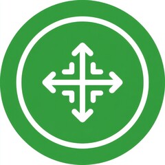 Aufkleber - Circular icon with vibrant green background, thin white ring, central white symbol of four arrows pointing cardinal directions with curved extensions, clean-cut design, striking green-white contrast.