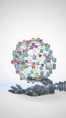 Poster - Animation of network of media icons over hand of robot arm, with moving light on grey background