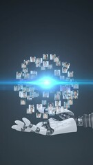 Poster - Animation of growing network of people over hand of robot arm, with moving light on dark background