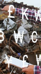 Poster - Animation of multiple currency symbols against caucasian male supervisor with clipboard at junkyard