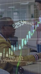 Poster - Animation of financial data processing over diverse man and woman discussing over laptop at office