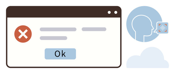 Poster - Error popup with red cross mark and OK button, user profile speaking towards AI interface. Ideal for technology, error notification, communication issues, speech recognition, user interface, AI