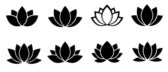 Poster - Elegant lotus flower icons are displayed in a minimalist black and white style suitable for designs, logos, and other creative concepts.