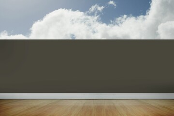 Poster - Blank two-tone wall is being shown in minimalist interior, featuring sky mural and hardwood floor