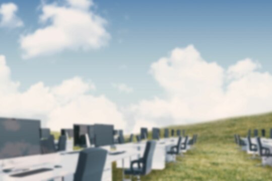 Digitally generated image of office on landscape against cloudy sky