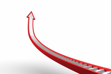 Poster - Red curved staircase is forming arrow shape with grey steps against white background in flat design