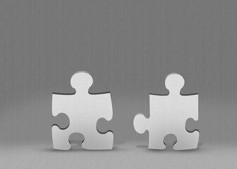 Poster - Two oversized white jigsaw puzzle pieces are standing on pale wooden floor in minimal flat design