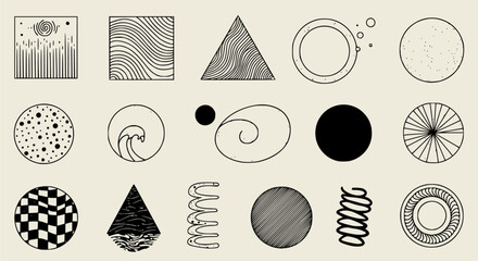 Poster - Geometric shapes collection features circles, squares, and triangles with intricate line patterns for abstract design elements.