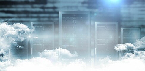 Poster - Cluster of server racks is rising from white clouds, showing code overlays with lens flare